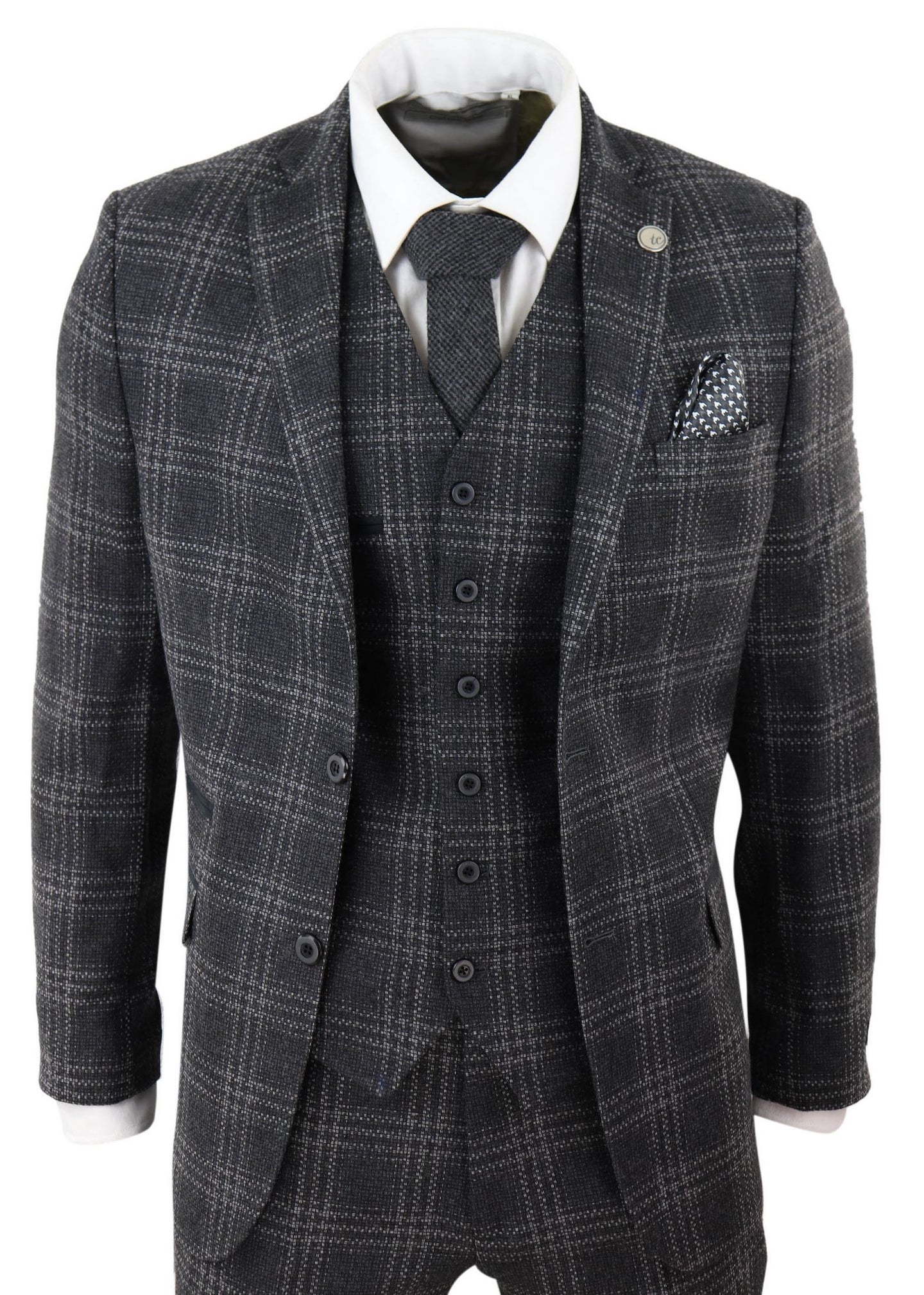 Mens Charcoal-Grey Check Tweed 3 Piece Suit