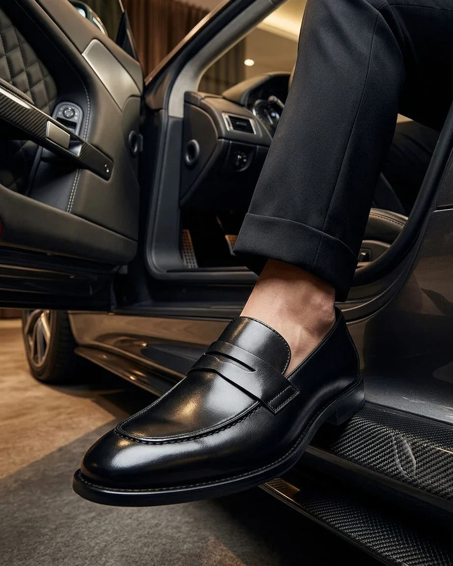 Ted - Klassieke zwarte leren penny loafers met mocassin-neus voor heren