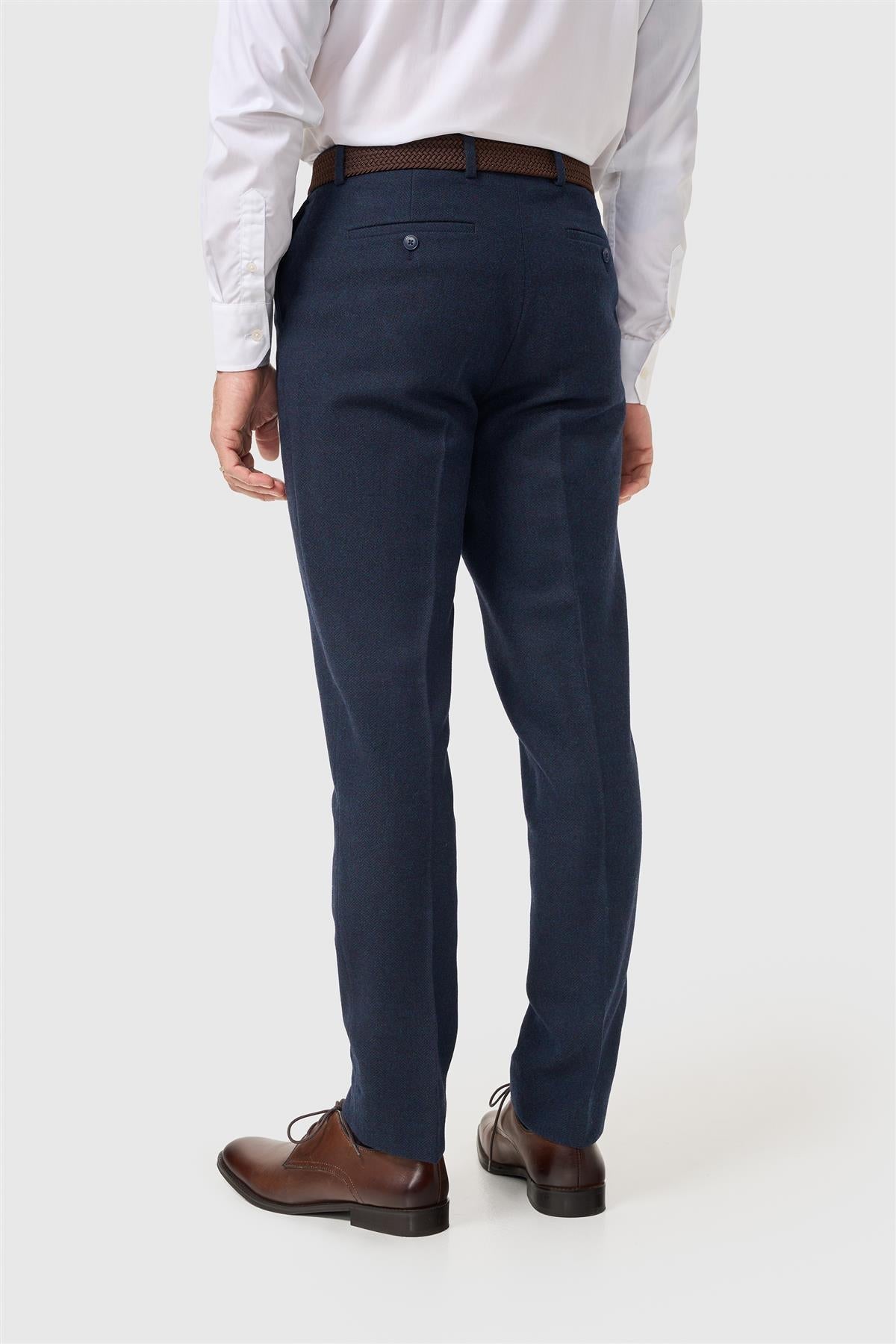 Thomas - Heren Marineblauwe wolmix visgraat tweed broek
