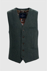 Thomas - Heren Olijfgroen Wolmix Visgraat Tweed Vest