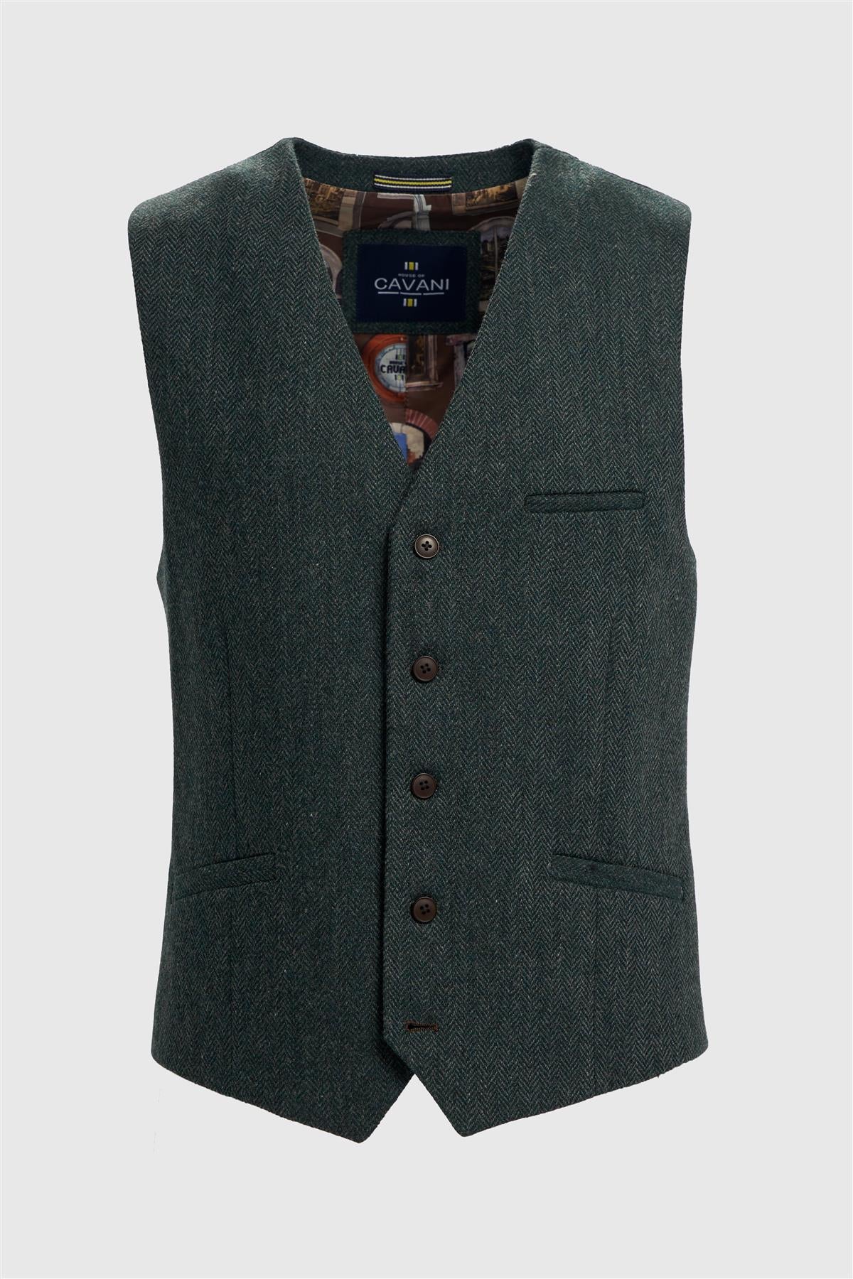 Thomas - Heren Olijfgroen Wolmix Visgraat Tweed Vest