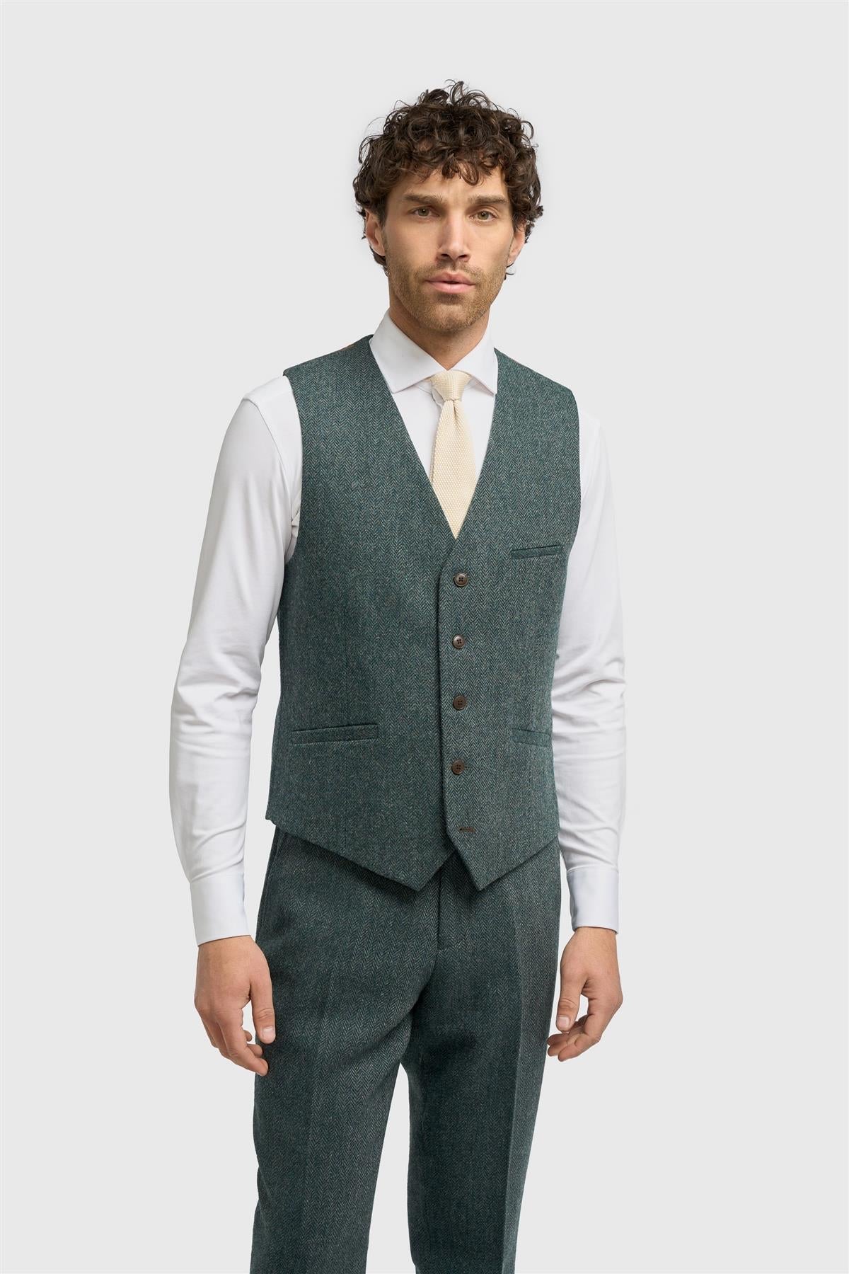 Thomas - Heren Olijfgroen Wolmix Visgraat Tweed Vest