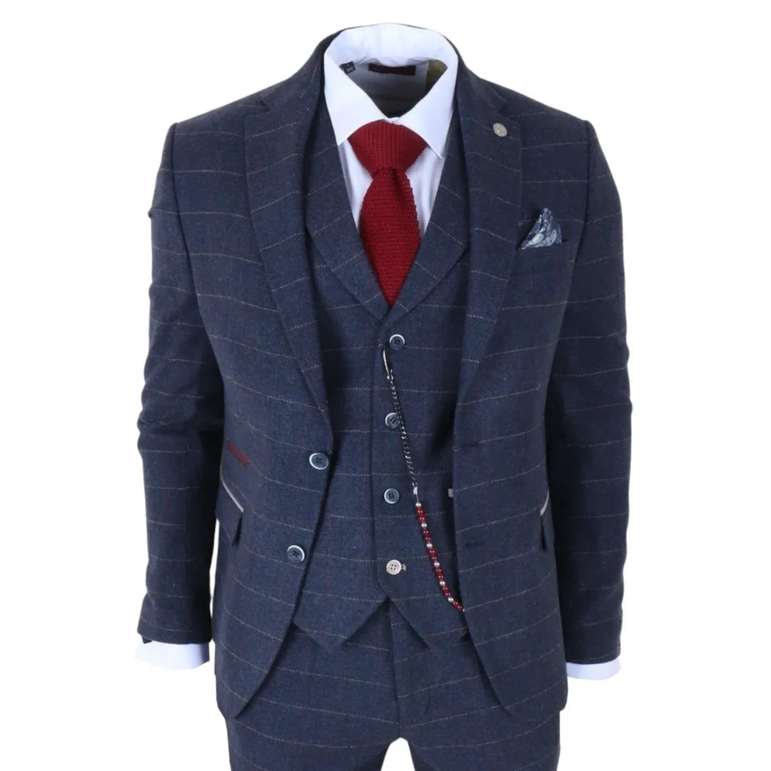 TP-32 - Gatsby-stijl marineblauw 3-delig wollen tweedpak voor heren