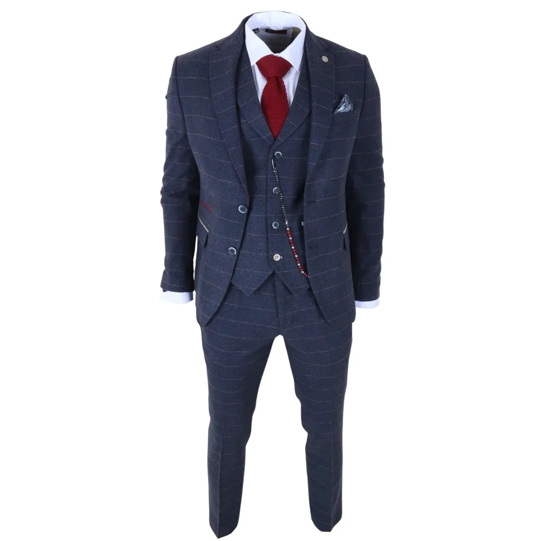 TP-32 - Gatsby-stijl marineblauw 3-delig wollen tweedpak voor heren