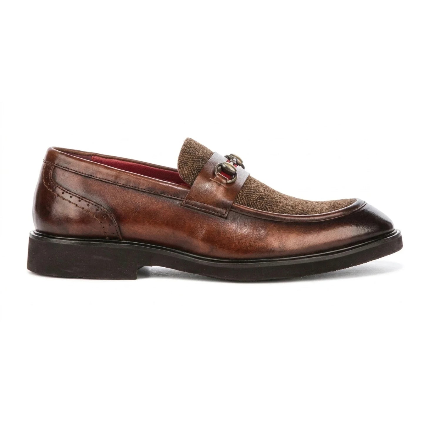 Tristian - Heren loafers van bruin leer met visgraatmotief en tweedprint