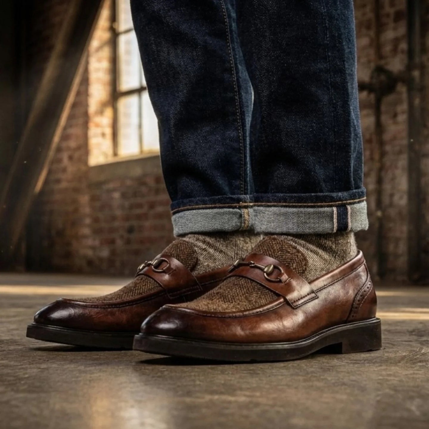 Tristian - Heren loafers van bruin leer met visgraatmotief en tweedprint