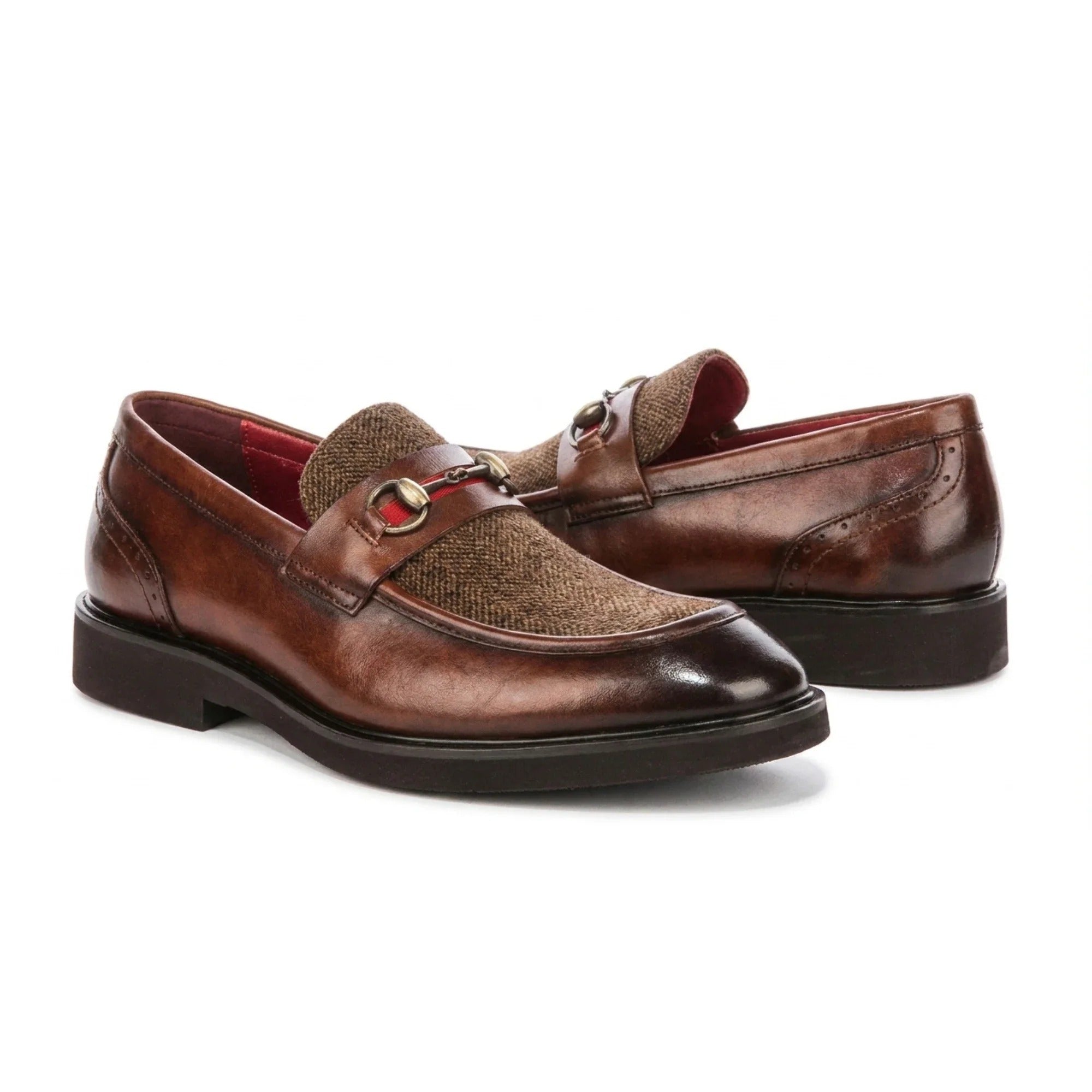 Tristian - Heren loafers van bruin leer met visgraatmotief en tweedprint