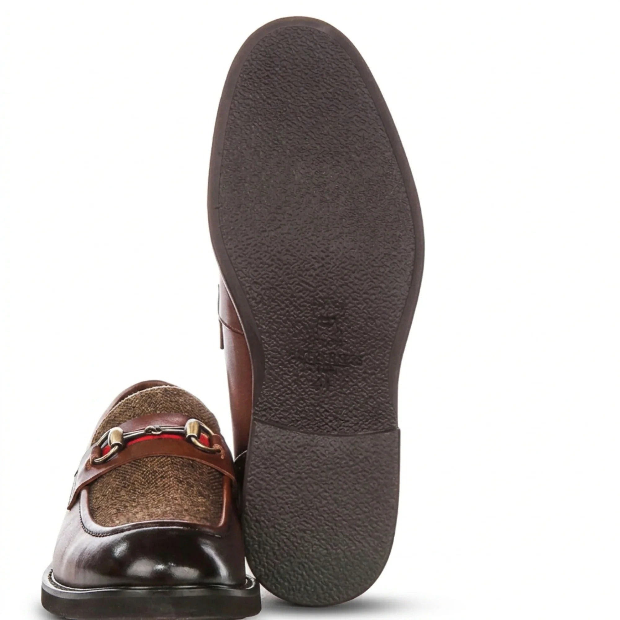 Tristian - Heren loafers van bruin leer met visgraatmotief en tweedprint