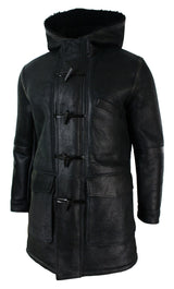 Mens Real Shearling Sheepskin 3/4 Hood Duffle Jacket Black Fur Warm Winter