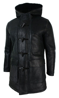 Mens Real Shearling Sheepskin 3/4 Hood Duffle Jacket Black Fur Warm Winter