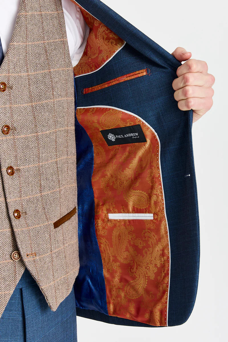 Viceroy Navy pak met contrasterend Harris Brown Tweed vest.