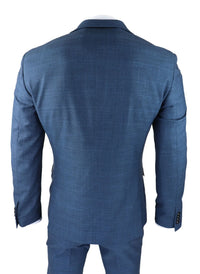 Mens 3 Piece Prince Of Wales Check Suit Blue Classic Light Tailored Fit Modern