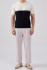 Wit en zwart gebreid T-shirt met kleurblokken voor heren