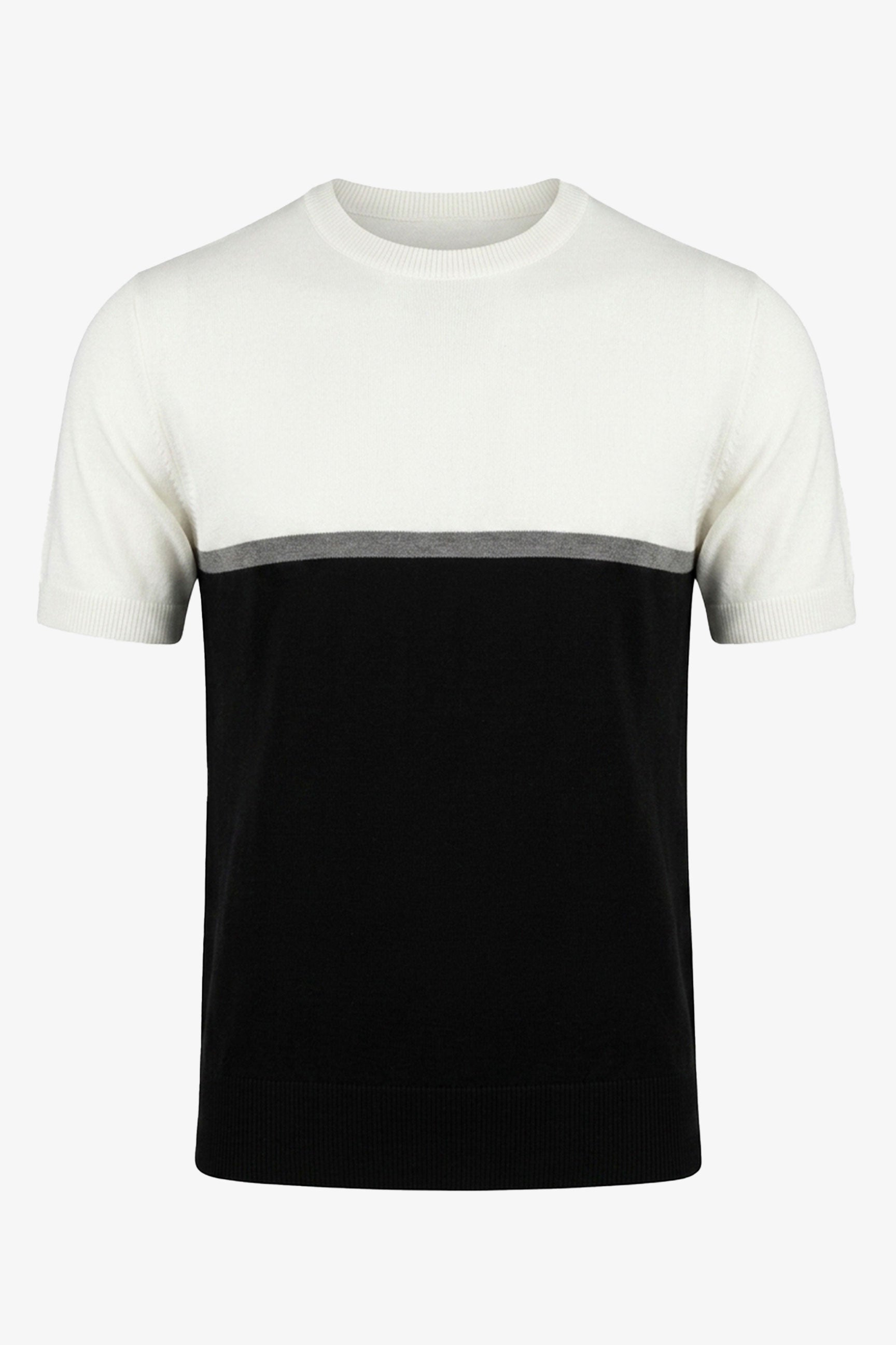 Wit en zwart gebreid T-shirt met kleurblokken voor heren