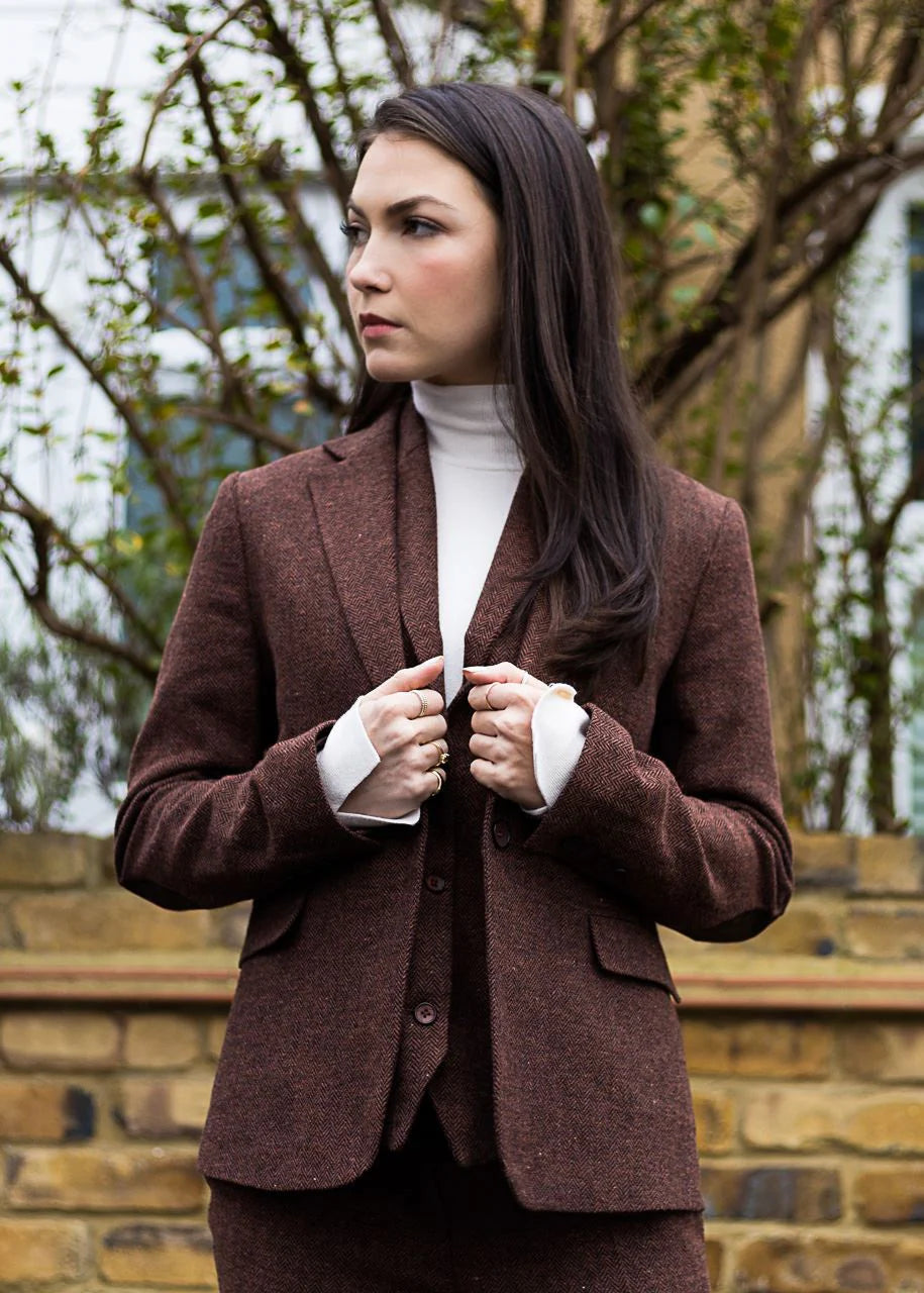 WS-12 - Dames Tweed Blazer Visgraat Wol Roestbruin
